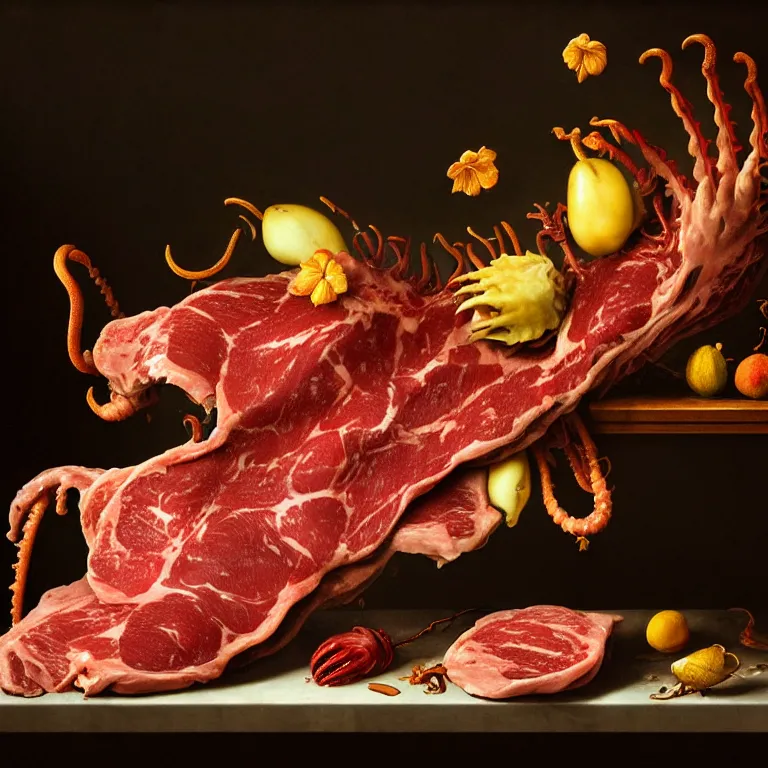 Prompt: still life of rotten meat, xenomorph, beautiful tropical flowers, human spine, tropical fruit baroque painting, beautiful detailed intricate insanely detailed octane render, 8K artistic photography, photorealistic, chiaroscuro, Raphael, Caravaggio