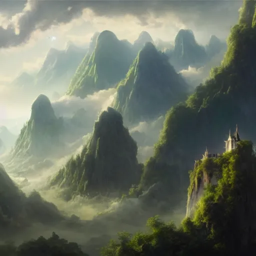 Image similar to a beautiful matte painting of between heaven and earth, wind and clouds, tsunamis, magnificent mountains and rivers, huge palaces and castles ， morning sun, hanging gardens ， magnificent and very vast. greg rutkowski ， eddie h. hinestroza ， clarity, 4 k hd