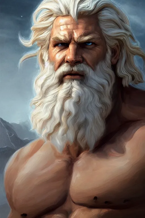 Prompt: painted portrait of rugged zeus, god of thunder, greek god, white hair, masculine, powerful, handsome, upper body, white robe, muscular, hairy torso, fantasy, intricate, elegant, highly detailed, digital painting, artstation, concept art, smooth, sharp focus, illustration, art by gaston bussiere and magali villeneuve