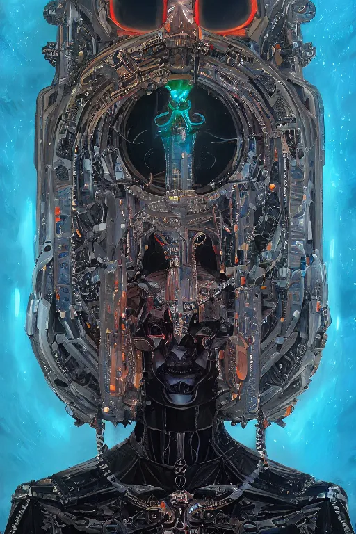 Image similar to portrait of an ominous mysterious bright futuristic robotic religious figure addressing its followers, oil on canvas, gothic style, ornate, elegant, highly detailed, concept art, trending on artstation