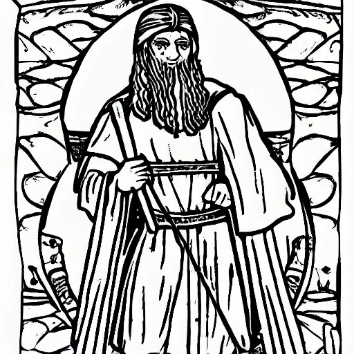 Prompt: coloring book sheet of a man in Biblical clothing holding a sword