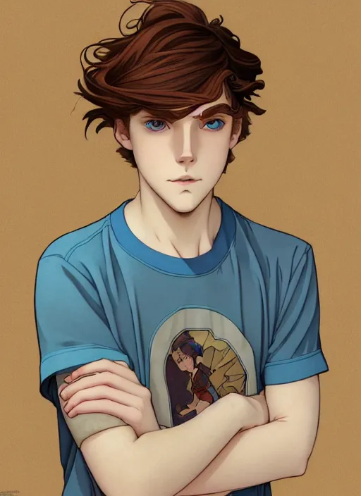 Image similar to art nouveau portrait of a teen boy with completely straight auburn hair, light blue eyes, pale skin, freckles, sad expression, t - shirt, modern casual clothing, natural lighting, path traced, highly detailed, high quality, cartoon, digital painting, by don bluth and ross tran and studio ghibli and alphonse mucha