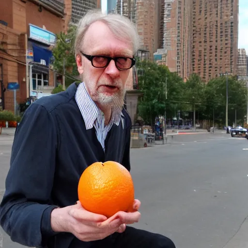 Image similar to hugh hopper on a street corner eating an orange fruit and drinking a pepsi