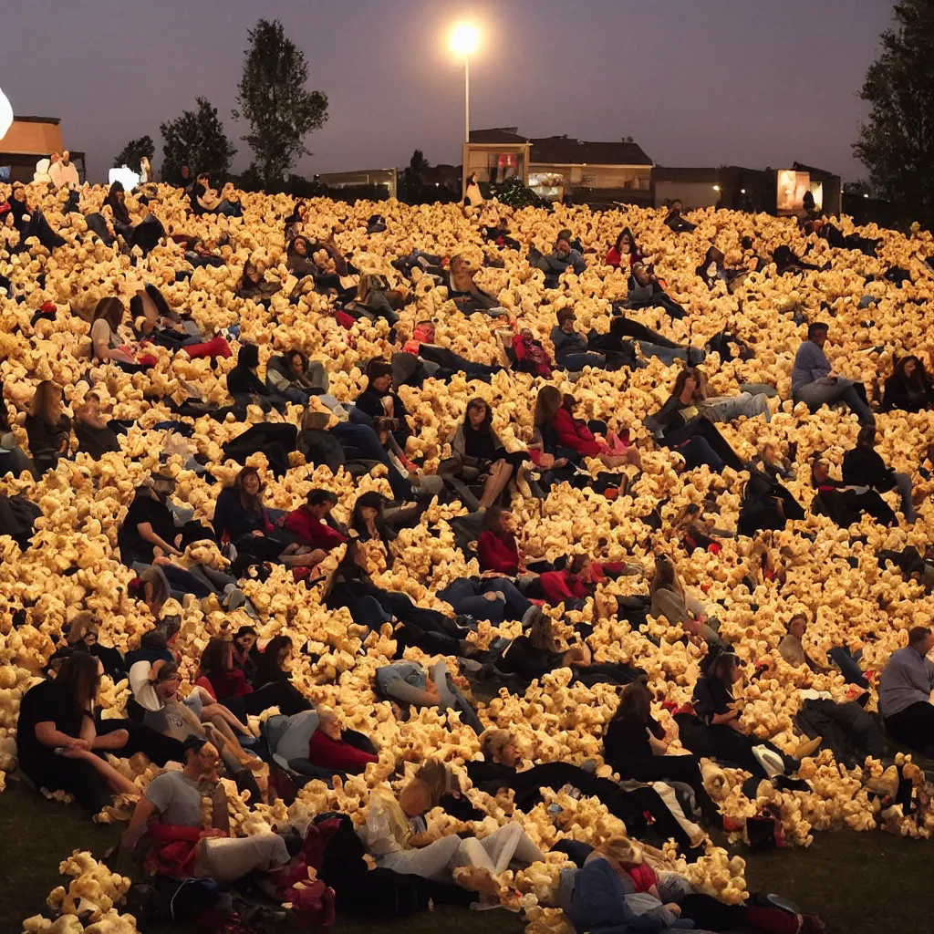 Image similar to outdoor cinema with giant popcorn at night