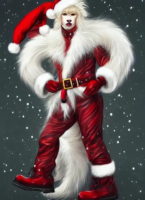 Prompt: Aesthetic portrait commission of a gay male fully furry, muscular anthro albino lion wearing an attractive festive red and white cozy Christmas outfit with long pants and black leather harness and boots, with a tail and a beautiful, attractive, hyperdetailed face, safe for work (SFW). Character design by charlie bowater, ross tran, artgerm, detailed, inked, award winning film poster painting.