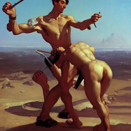 Prompt: a human painter fighting a robot, art, oil painting, by Eugene Delacroix, by David Ligare, high quality, composition