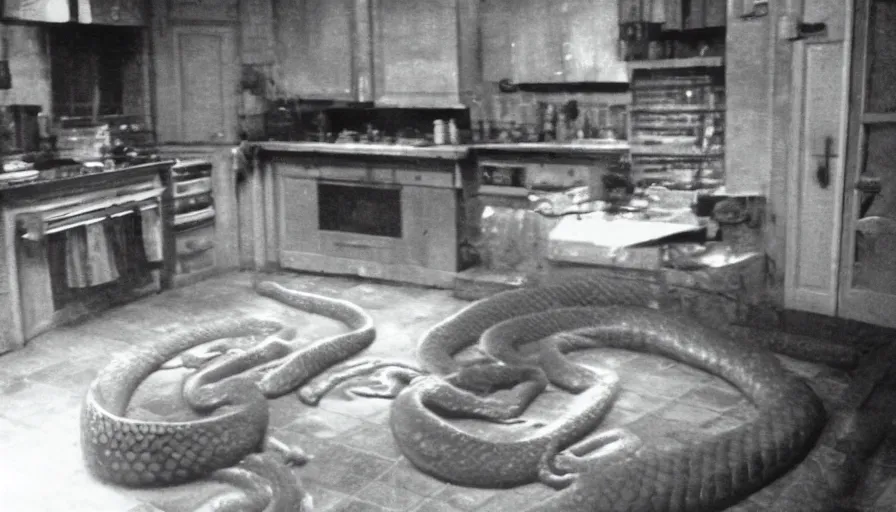 Image similar to a gigantic snake in a stalinist style kitchen, by mini dv camera, very very low quality, heavy grain, very blurry, accidental flash, webcam footage, found footage, security cam, caught on trail cam