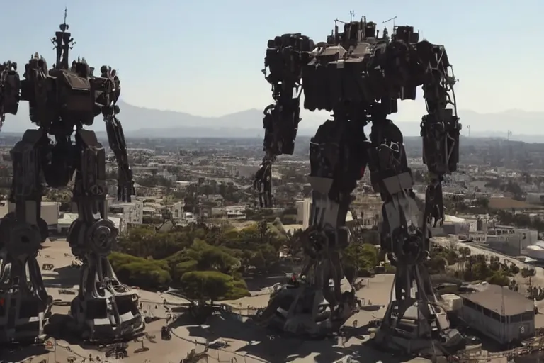 Image similar to cinematography of giant Mech on Santa Monica peer By Emmanuel Lubezki