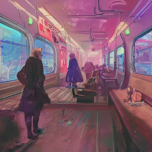 Image similar to fight between grandmas in the train moscow-ryazan, cyberpunk, neon, concept art