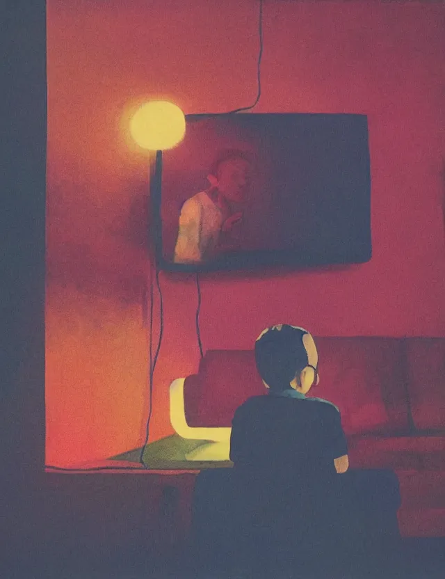 Image similar to boy in dark room sitting on a chair infront of tv, glitch, wide shot, coloured polaroid photograph, pastel, kodak film, hyper real, stunning moody cinematography, by maripol, fallen angels by wong kar - wai, style of suspiria and neon demon, david hockney, detailed, oil on canvas