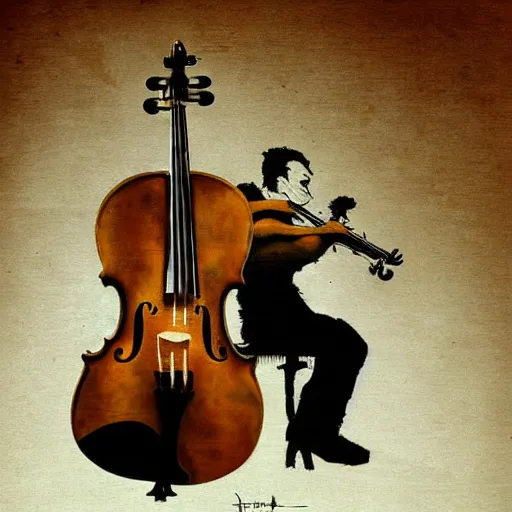 Image similar to cello violin concert art by banksy and frank frazetta
