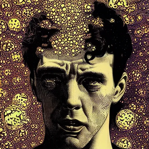 Image similar to a guy, face covered in moths, small details, by virgil finlay, by kilian eng,