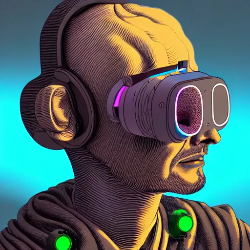 Prompt: Colour Photography of 1000 years old man with highly detailed 1000 years old face wearing higly detailed cyberpunk VR Headset designed by Josan Gonzalez . in style of Josan Gonzalez and Johannes Vermeer and Mike Winkelmann and Caspar David Friedrich. Rendered in Blender