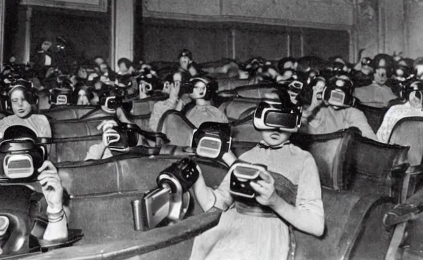 Prompt: 1 9 0 0 s photo of people using iphones ipods virtual reality headsets vr in a movie theater masterpiece