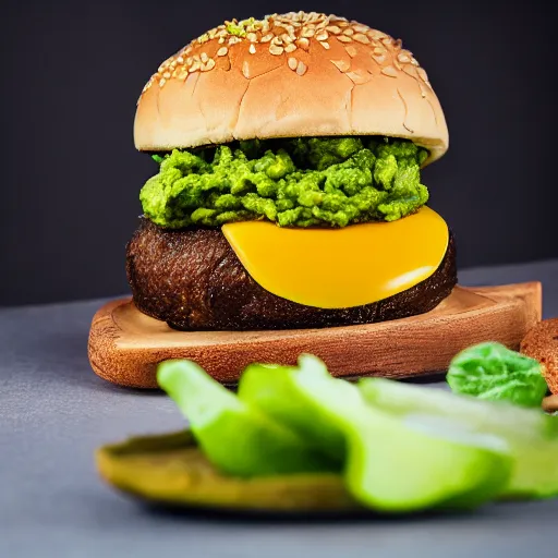 Image similar to juicy vegan hamburger topped with guacamole and fried onion and a vegan fried egg, crispy buns, 8 k resolution, professional food photography, studio lighting, sharp focus, hyper - detailed