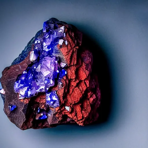 Image similar to a mineral rock, in a dark studio room. magical-like style, almost glowing and smoking. Photography of rare minerals. Tanzanite, Red Beryl, Bixbite, Red Emerald, Scarlet Emerald.