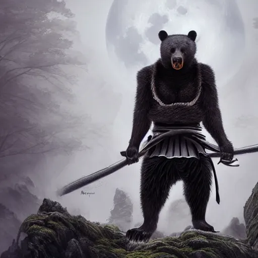Prompt: anthropomorphic, half man half asian black bear, black bear samurai, Moon Bear Samurai, epic, samurai, stunning 3d render inspired art by Renato muccillo and Andreas Rocha and Johanna Rupprecht + symmetry + natural volumetric lighting, 8k octane beautifully detailed render, post-processing, highly detailed, intricate complexity, epic composition, magical atmosphere, cinematic lighting + masterpiece, trending on artstation