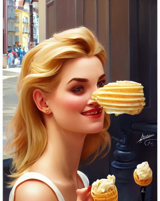 Image similar to Portrait of a  blonde woman and Donald Duck eating ice creams in Porto,real life skin, intricate, elegant, highly detailed, artstation, concept art, smooth, sharp focus, art by artgerm and greg rutkowski and alphonse mucha