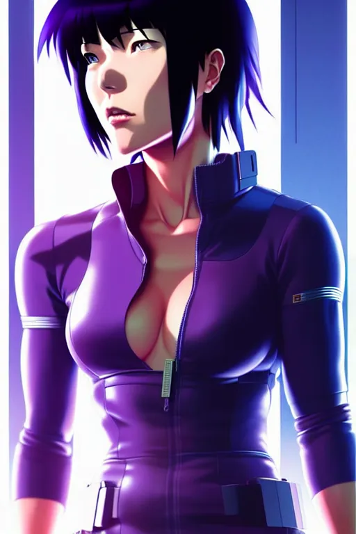 Image similar to a fullbody portrait of motoko kusanagi the major ghost in the shell : : stand alone complex, under repairs, maintenance : : by ilya kuvshinov, rossdraws, artgerm, sola digital arts, anti aliasing, raytracing : :