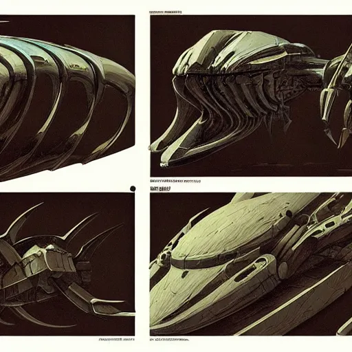 Prompt: medieval scifi tech hardsurface shaped like a fossil, form exploration, big medium small, artstation, colored marker, syd mead, hr giger, concept art