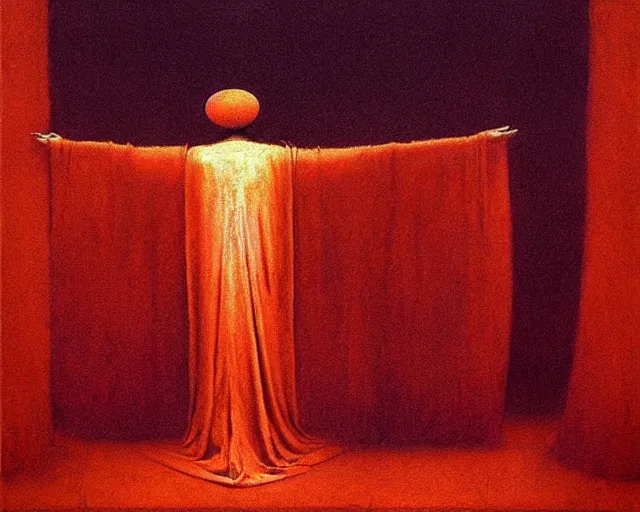 Image similar to devotion to the scarlet woman, priestess in a conical hat, coronation, ritual, sacrament, by francis bacon, beksinski, mystical redscale photography evocative.