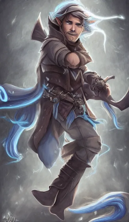 Image similar to cute whimsical half - elf sorcerer rogue running leaving a trail of lightning, brown leather tunic, ( ( ( ( ( ( chris pratt ) ) ) ) ) ), light grey - blue hair, d & d, fantasy, portrait, highly detailed, digital painting