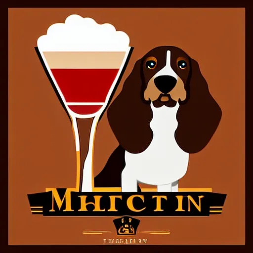 Prompt: a brown spaniel with a white chest playing a piano, Martini on the side. Artwork adult swim style, beer logo, no text