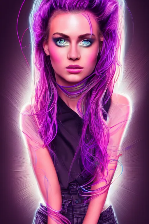 Prompt: a award winning half body portrait of a beautiful woman with stunning eyes in a croptop and cargo pants with ombre purple pink teal hairstyle and hands in pockets by thomas danthony, surrounded by whirling illuminated lines, outrun, vaporware, shaded flat illustration, digital art, trending on artstation, highly detailed, fine detail, intricate