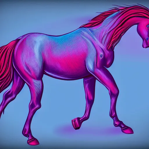 Prompt: completely digital horse, retrowave palette, highly detailed, anatomically correct equine, synth feel, digital art