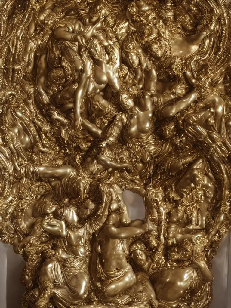 Prompt: marble sculpture depicting a woman programming the samsara holy cluster, hi tech, cybernetic, dramatic lighting, digital photography, stunning, visionary, hyper realistic, beautiful, wow, gilt metal, rich marbles, by gian lorenzo bernini, by jean delville, ultra detailed, sharp