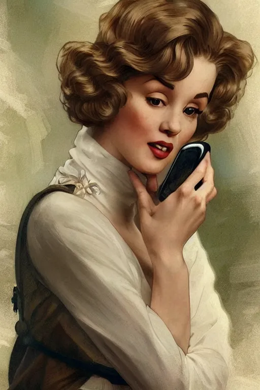 Image similar to beautiful cottagecore Marylin Monroe talking on a cell phone. intricate, elegant. highly detailed, digital painting, artstation, concept art, smooth, sharp, focus, illustration. . art by artgerm and greg rutkowski and alphonse mucha