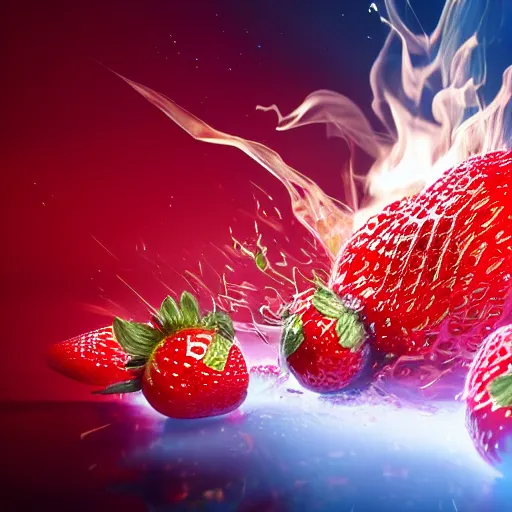 Image similar to exploding strawberry, octane render, highly detailed fire, highly detailed explosion, white background, ue 5, big explosion, realistic colors, realistic shadows, realistic reflections