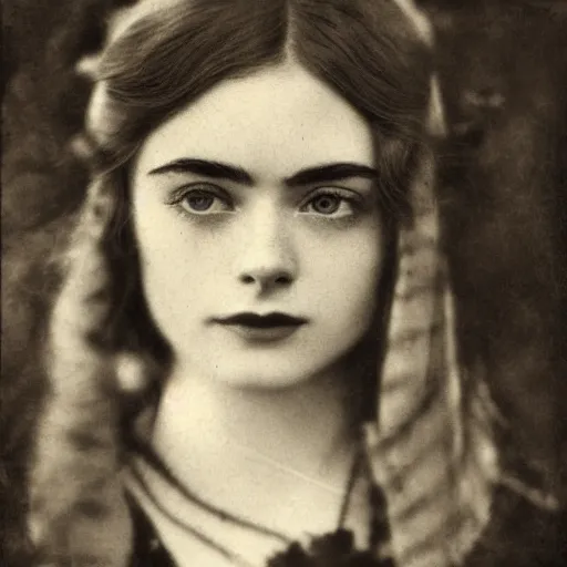 Image similar to headshot edwardian photograph of elle fanning, lily collins, alexandra daddario, 1 9 2 0 s film actress, realistic face, 1 9 1 0 s, grainy, victorian, detailed, soft blur