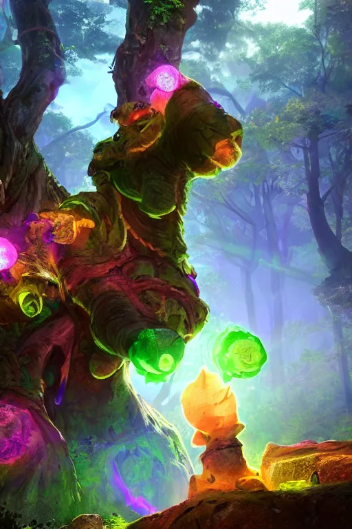 Image similar to arcane fantasy art giant golem elemental wood rock bastion forged gemstone enchanted forest troll, global illumination ray tracing hdr fanart arstation by sung choi and eric pfeiffer and gabriel garza and casper konefal lisa frank zbrush central hardmesh radiating a glowing aura