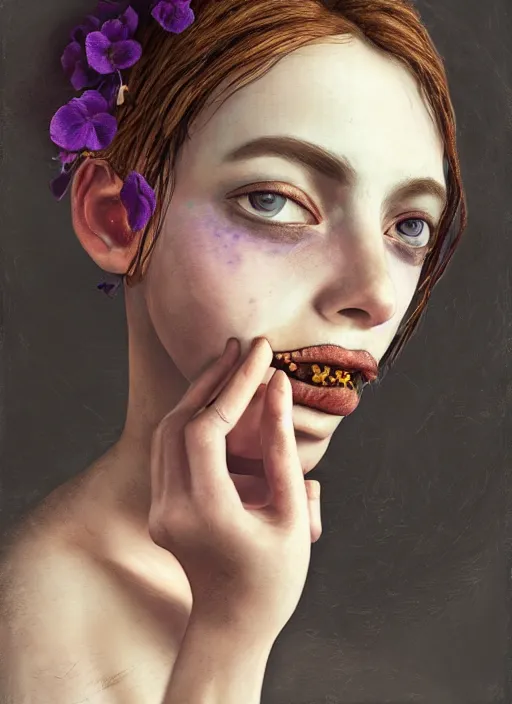 Prompt: realistic portrait of a pretty gypsy girl with her mouth sewn shut, blurred background, unreal engine render, violets, by dragan bibin, rtx