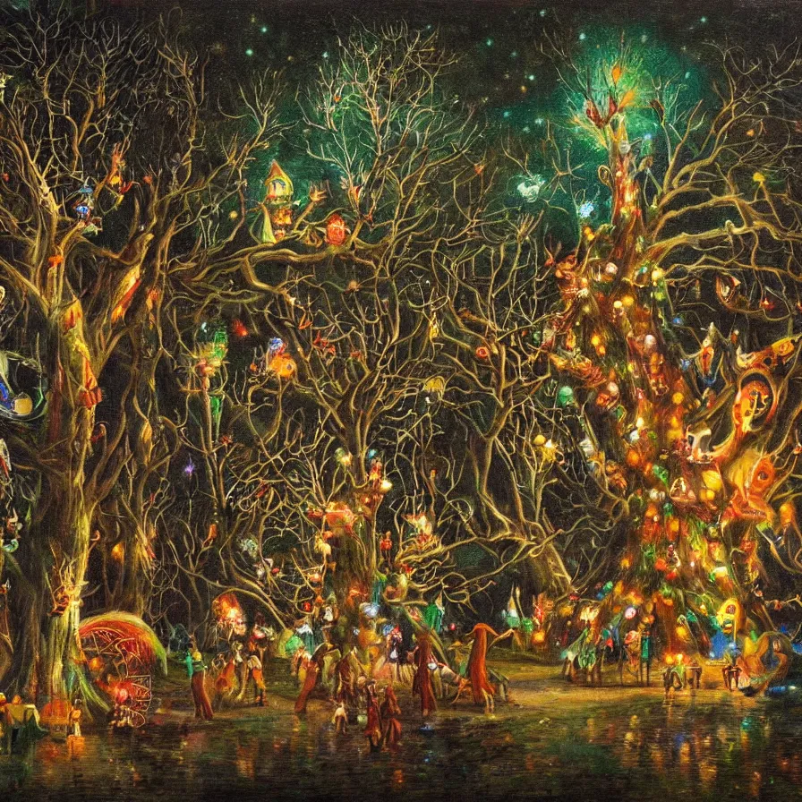 Image similar to a night carnival around a magical tree cavity, with a surreal orange moonlight and fireworks in the background, next to a lake with iridiscent water, christmas lights, folklore animals and people disguised as fantastic creatures in a magical forest by summer night, masterpiece painted by karl briulov, dark night environment