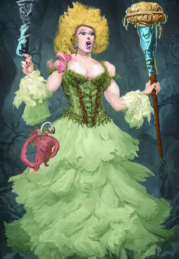 Prompt: d&d character artwork of a brawny orc drag queen (a male orc in frilly women\'s clothing, orc has green skin) and is wearing a very girly prissy frilly rococo ballgown outfit and wearing a huge rococo powdered wig, rococo fashion, drag, girly, fabulous, D&D, fantasy, highly detailed, digital painting, artstation, smooth, sharp focus, illustration, art by artgerm and greg rutkowski and alphonse mucha