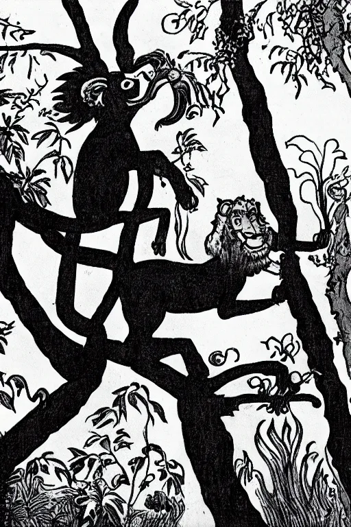 Prompt: a lion climbing a tree by dr. seuss