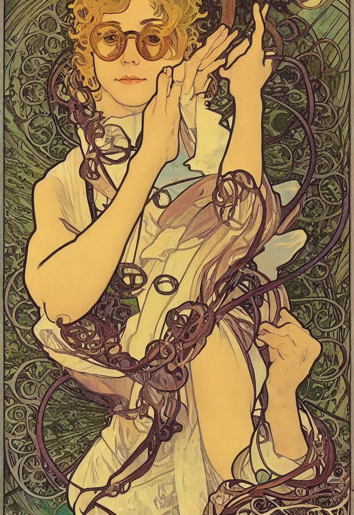 Prompt: Ian Goodfellow in glasses on a tarot card, tarot in art style by Alphonse Mucha