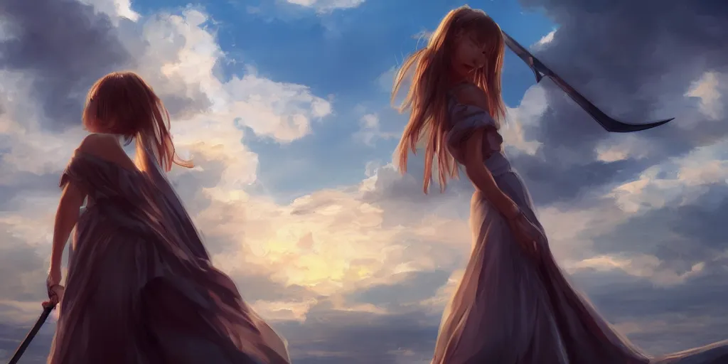 Image similar to back shot of one beautiful girl in sundress gazing back, holding two swords, digital art by wlop. artstation contest winner, cinematic paint. lower shot. dramatic cloud in background. sunset