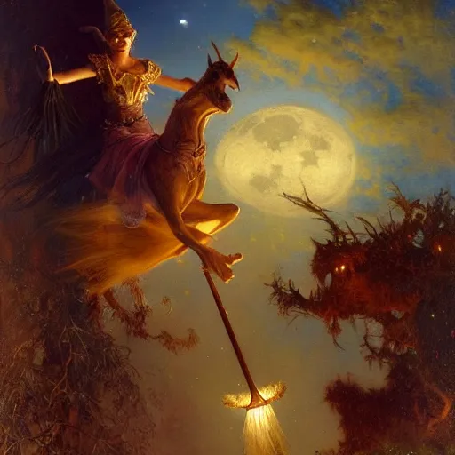 Image similar to witch flying riding a broom, trough the night, fantasy, full moon in background. highly detailed painting by gaston bussiere, craig mullins, j. c. leyendecker 8 k