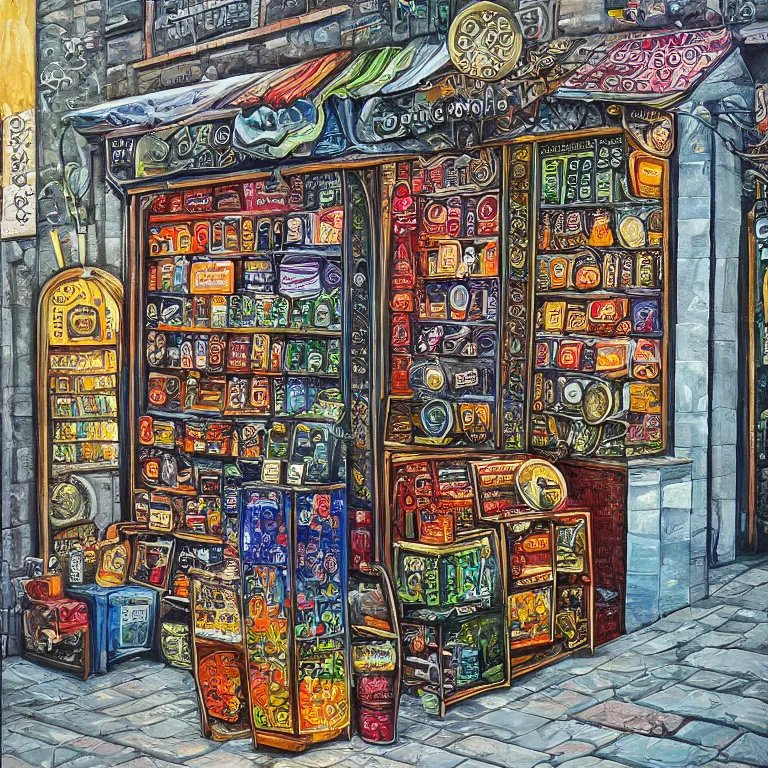 Image similar to modern coin shop. intricately detailed acrylic painting