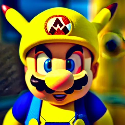 Image similar to super mario as pikachu, highly detailed, extremely high quality, hd, 4 k, 8 k, canon 3 0 0 mm, professional photographer, 4 0 mp, lifelike, top - rated, award winning, realistic, detailed lighting, detailed shadows, sharp, no blur, edited, corrected, trending