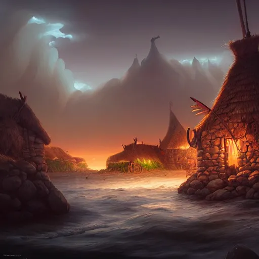 Image similar to medieval viking village next to the ocean, by peter mohrbacher and dan mumford and nekro, cgsociety, volumetric light, 3 d render