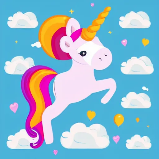 Prompt: Cute unicorn floating with balloon cartoon vector icon illustration. animal love icon concept. flat cartoon style