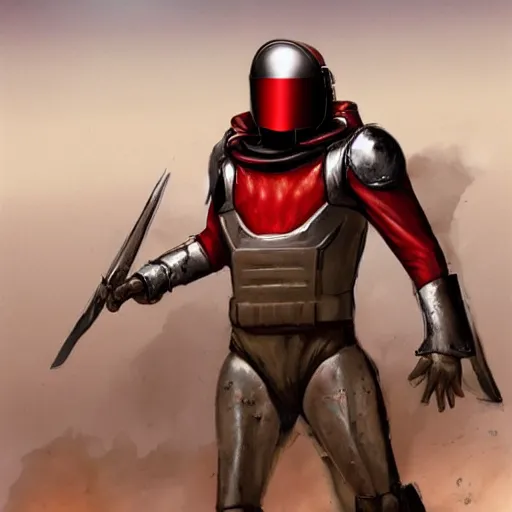 Prompt: a towering soldier with vertical nose slits, wearing blood - spattered glossy sleek white dinged scuffed armor and a long torn red cape, heroic posture, battle - weary, strained expression, determined expression, no helmet, on the surface of mars, dramatic lighting, cinematic, sci - fi, hyperrealistic, detailed