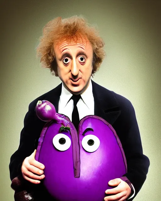 Image similar to gene wilder as the eggplant man, holding an eggplant, digital art