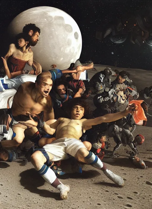 Image similar to a soccer match on the moon by edgar maxence and caravaggio and michael whelan and delacroix style, artistic, intricate painting, cinematic lighting, hyper realistic, extremely detailed, establishing shot, 8 k resolution, dramatic lighting