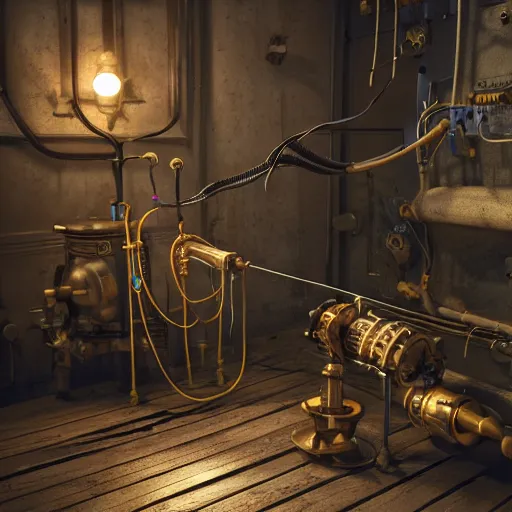 Image similar to 3D photorealistic render of a steampunk🫀, connected trough wired, on a advanced lab, octane render, 4k, unreal 5, very detailed, trending on artstation