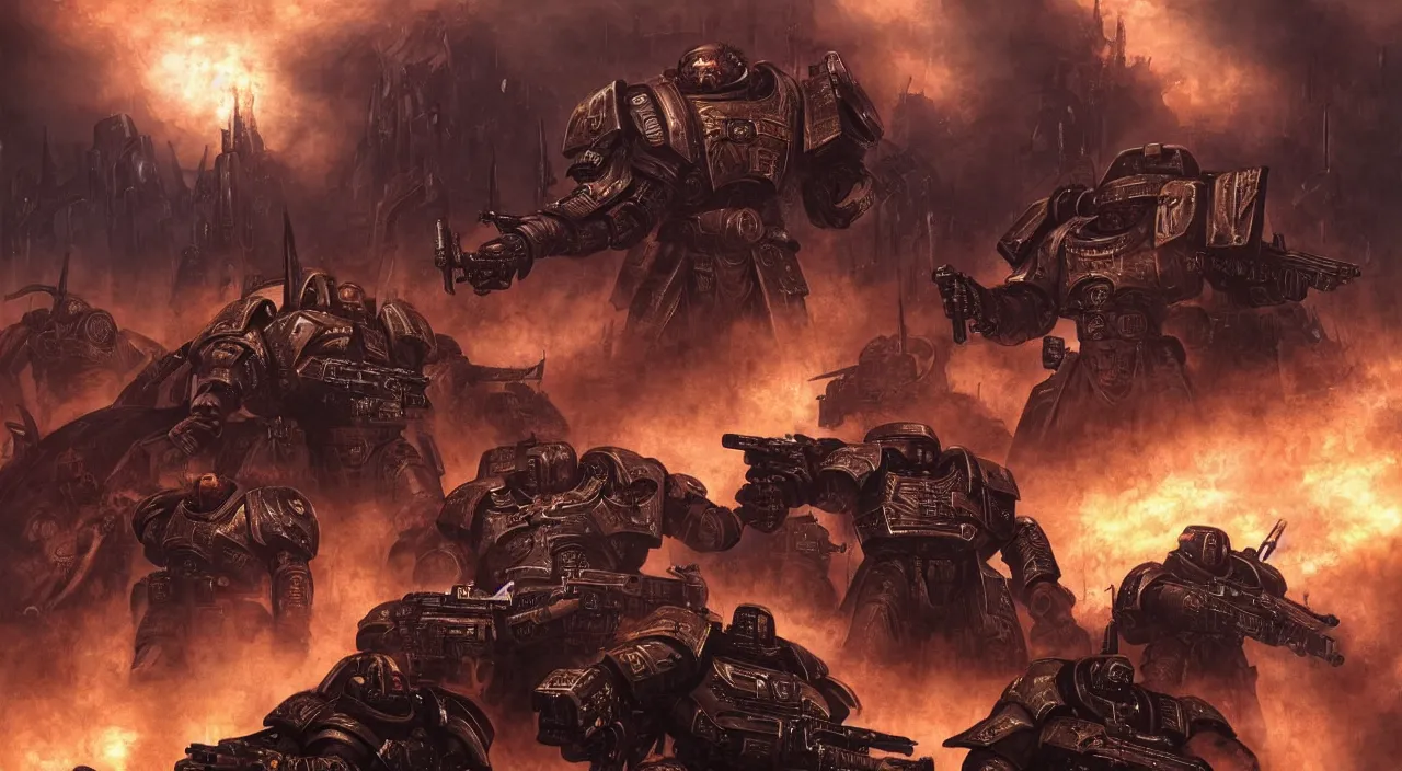 Image similar to Adeptus Astartes shooting in a Hellscape world